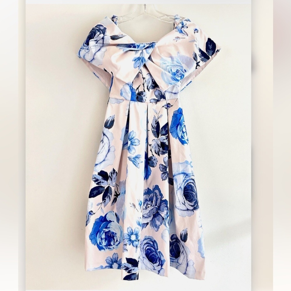 ASOS | Pink Base Floral Pleated Dress Women Size 2 Blue Off Shoulder Midi